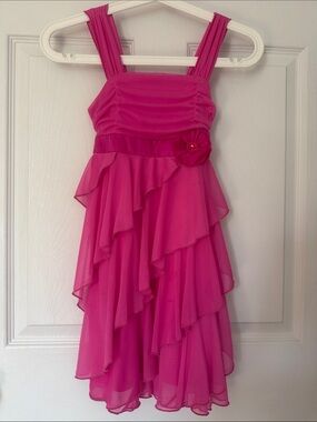 Girls' Hot Pink Ruffled Chiffon Party Dress with Flower Accent